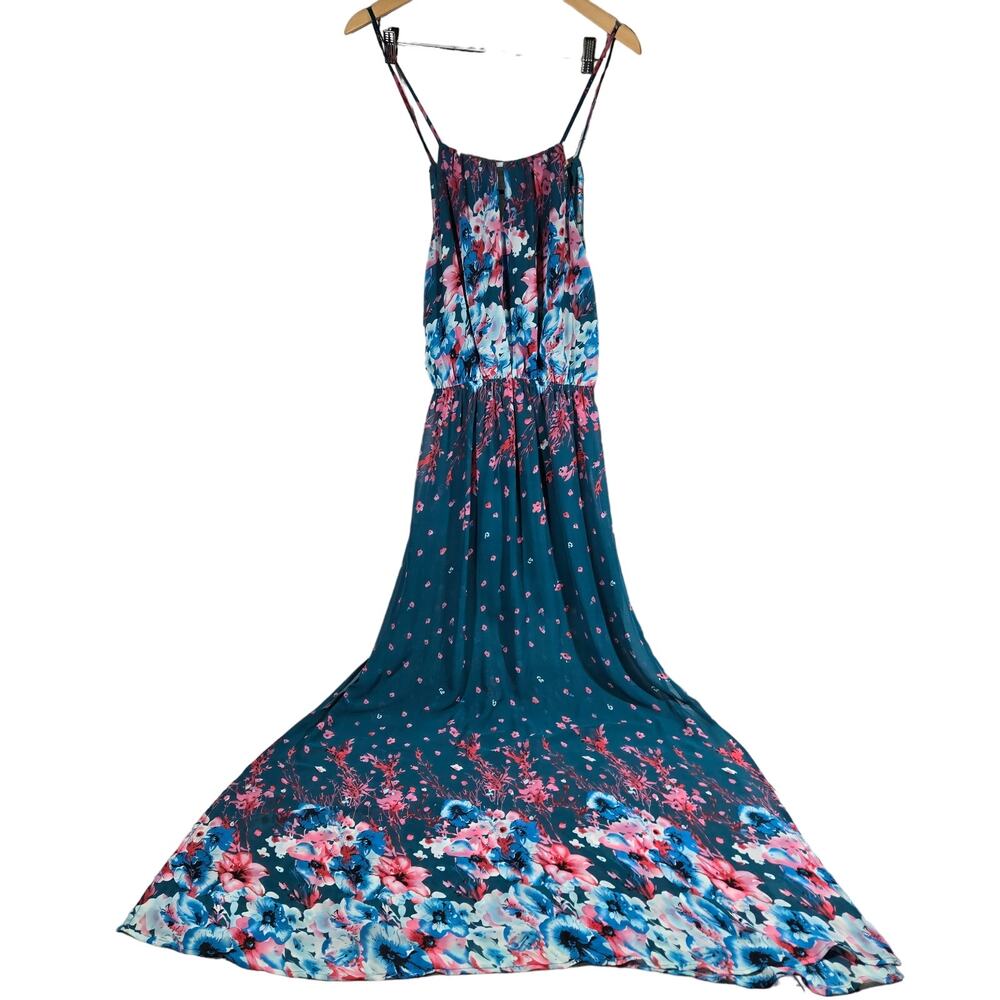 Fate Floral Maxi Dress Teal‎ Blue Pink Spaghetti Strap Elastic Waist M Halter